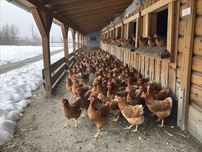 A row of hens inside a wooden coop, with a winter landscape and snow outside, AI generiert, AI