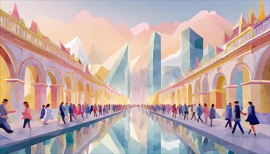 Colorful depiction of an urban scene with pedestrians walking under arches with reflections on the