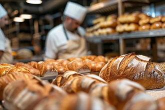 Loaves of bread in industrial bakery kitchen. KI generiert, generiert, AI generated