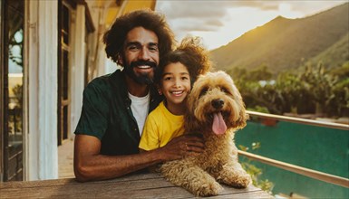 A man and a little girl are posing with a dog. The dog is wagging its tail and the girl is smiling.