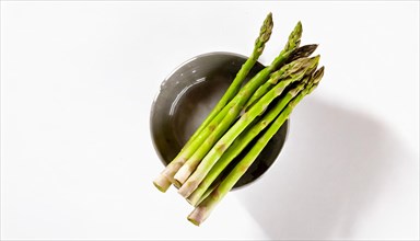 Stylish image of asparagus sticking out of a bowl against a white background, AI generated, AI