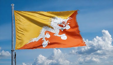 Flag, the national flag of Bhutan flutters in the wind