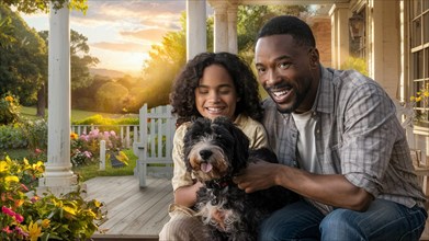 Smiling black man and daughter with their dog sitting on a porch surrounded by flowers, AI