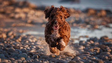 A joyful red brown water dog in mid-run on a pebble beach, bathed in the golden light of sunset, AI