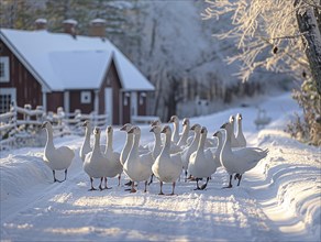 A group of geese march past a country house in the snow, AI generated, AI generated, AI generated