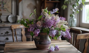 A bouquet of lilacs on a rustic farmhouse table AI generated