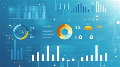 Financial analytics dashboard with a variety of graphs and statistics presented in blue and yellow,