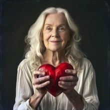 Senior citizen with white hair smiles gently with a red heart in her hands, AI generated