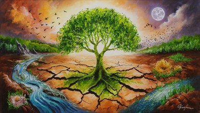 Artistic representation of a tree in a split environment of drought and river, AI generated