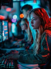 Focused woman engaging in competitive gaming at a computer setup with neon illumination, AI