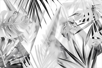 Black and white abstract design of tropical plant leaves creating a dense foliage pattern,