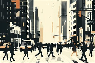 Illustration of busy urban intersection with crossing pedestrians and cars, illustration, AI