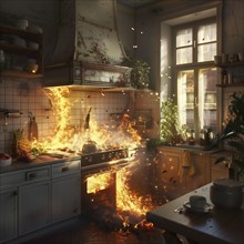 A kitchen suffers a fire due to massive flames, AI generated