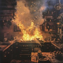 A sinister kitchen is engulfed by a devastating fire, AI generated