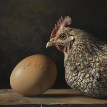 Brown chicken screaming next to an egg, looking surprised or excited, AI generated