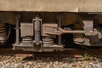 Close-up of train wheels on rail tracks, showcasing the mechanical details and gravel, in South