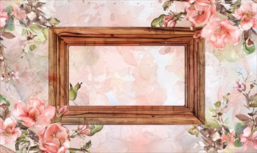 A gold frame with pink flowers on the wall. Abstract background with frame and space for text AI