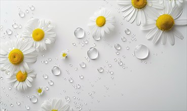 Chamomile essential oil droplets on chamomile flowers, nature beauty background AI generated