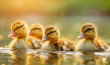 Ducklings swimming in a pond, close up view AI generated