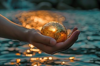 A captivating image of a hand holding a glowing golden sphere, bathed in the warm hues of a sunset
