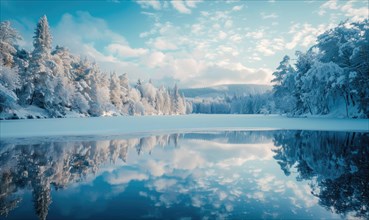A winter landscape with a frozen lake and snow-covered forest AI generated