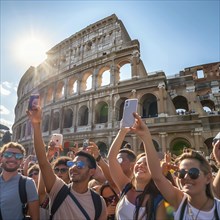 Tourists taking selfies in front of the Colosseum in Rome on a sunny day, AI generated