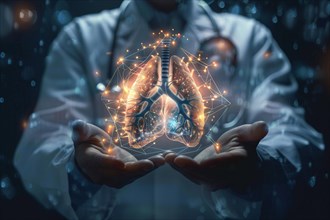 Doctor's hands holding virtual image of human lung. KI generiert, generiert, AI generated