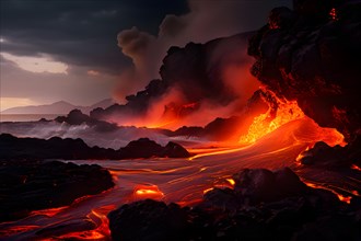 Molten lava flows reaching the sea, AI generated