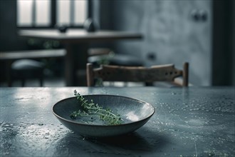 A minimalistic setting with a bowl and a small branch with water droplets on a table, AI generated