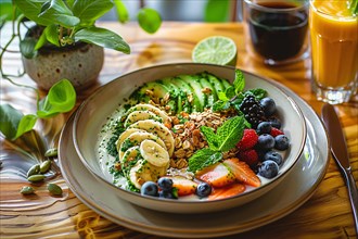 A colorful bowl of fruits, berries, and granola, ready for a healthy breakfast, AI generated