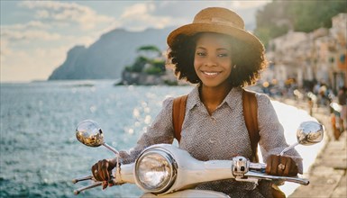 A smiling woman in a straw hat sits on a scooter by a sunny coastal town, blurry moody landscaped