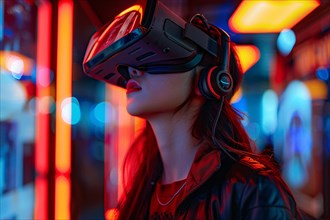 A woman wearing a virtual reality headset illuminated by neon lights, AI generated
