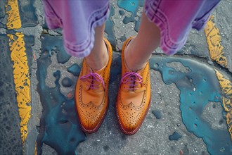 Vibrant orange shoes on a colorful, paint-splattered pavement from a high angle view, AI generated