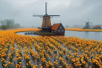 A traditional Dutch windmill overlooks a serene field of orange tulips on a foggy day, AI generated