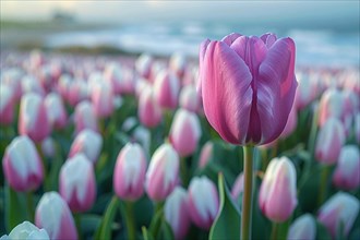 Close-up of a single pink tulip among a field of tulips, AI generated