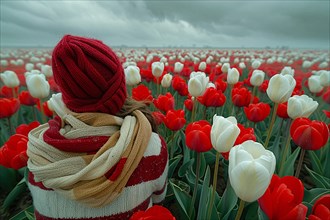 A woman's back view as she gazes across a dramatic red and white tulip field, AI generated