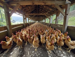 Packed barn with rows of chickens looking towards the camera, wooden beam structure, AI generiert,