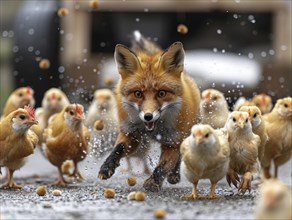 A fox on the hunt while chicks flee in panic and water splashes up generates AI, AI generates