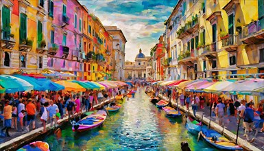 Vibrant street market scene with a crowd beside a canal, colorful umbrellas, and a reflection on