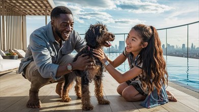 Wealthy black family is smiling and playing with their dog by a pool with a city view terrace, AI