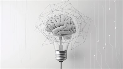 A textured brain forms the filaments of a light bulb surrounded by a wireframe geometric shape, ai