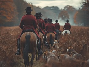 Traditional fox hunting with traditional clothing in England on horseback with dogs over hill and