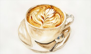 Watercolor illustration of a latte with foam art AI generated