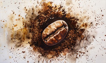 Vibrant watercolor painting of a coffee bean surrounded by coffee grounds AI generated
