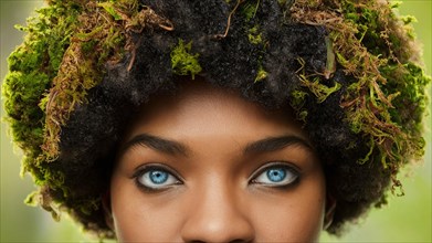 Close-up of a woman's face with vibrant blue eyes and afro hairstyle adorned with green moss, earth