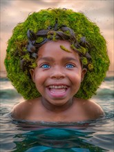 Young child in the ocean wearing a seaweed crown, laughing with bright eyes at dusk, earth day