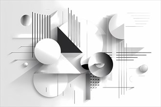 3D abstract composition with geometric elements and spheres in shades of gray, illustration, AI