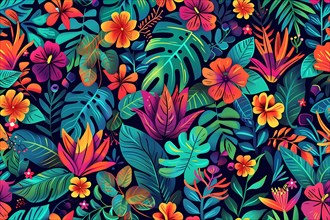 Colorful and vibrant tropical jungle floral pattern with various flowers, illustration, AI
