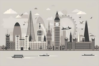 Illustration of city landmarks and silhouettes in grayscale, symbolizing urban travel,