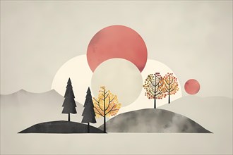 Serene abstract scenery with stylized trees and mountains in pastel tones, illustration, AI